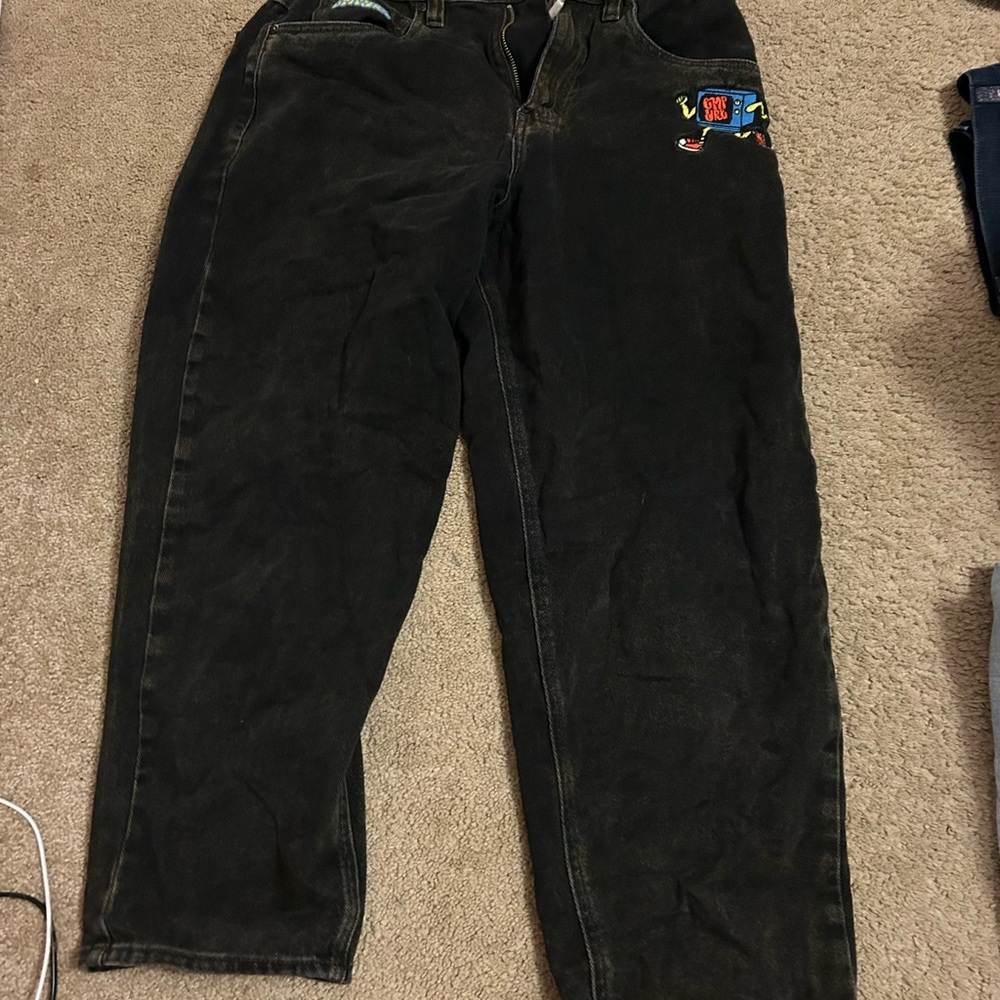 Empyre Black Corduroy Pants with Colorful Embroidery